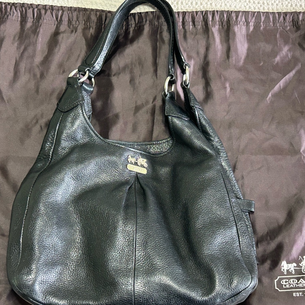 Coach Madison MaggieBlack Pebbled Leather Hobo Shoulder Bag with Silver Hardware